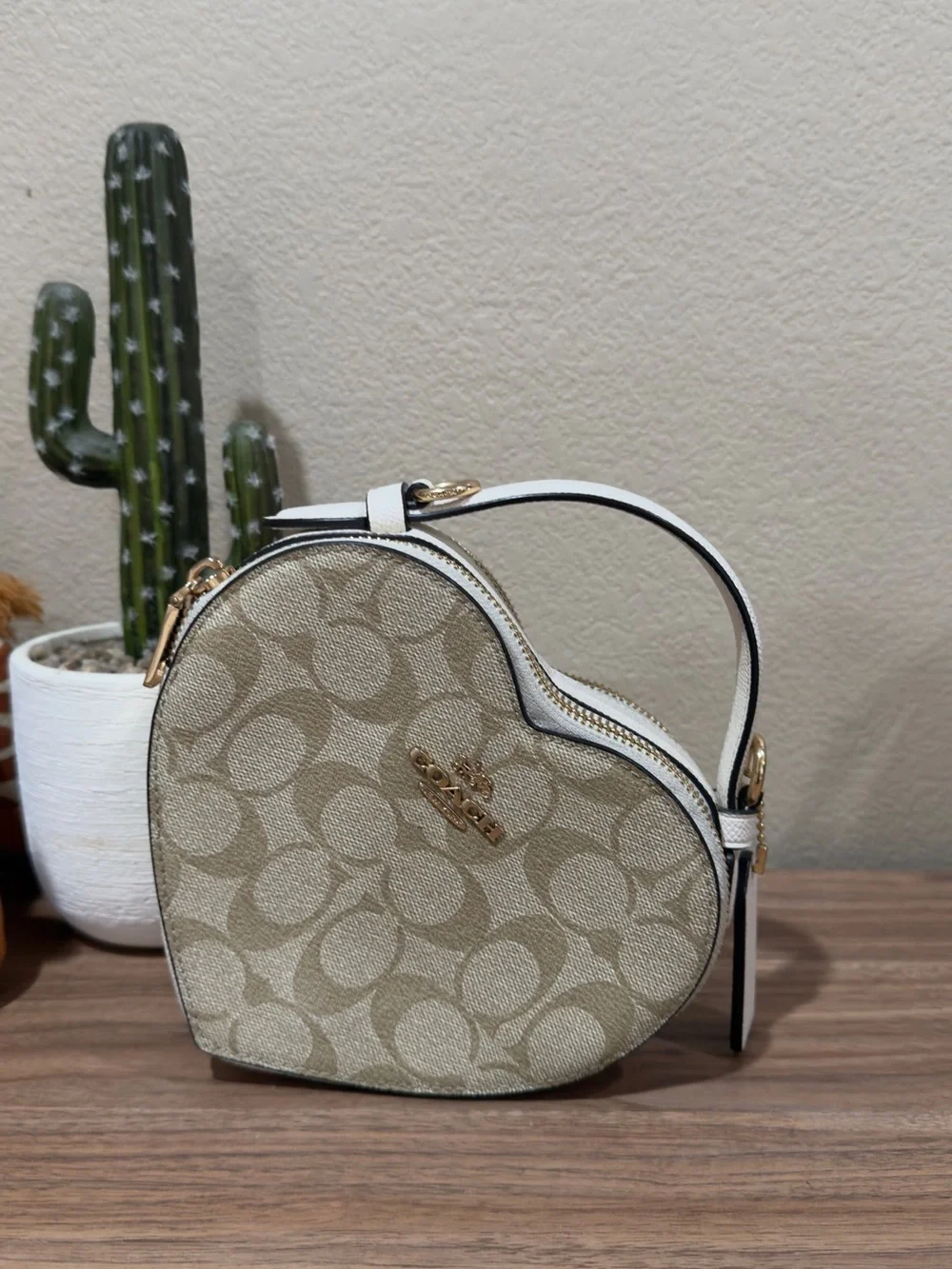 Coach Beige Signature Heart Mini Crossbody with Gold Logo